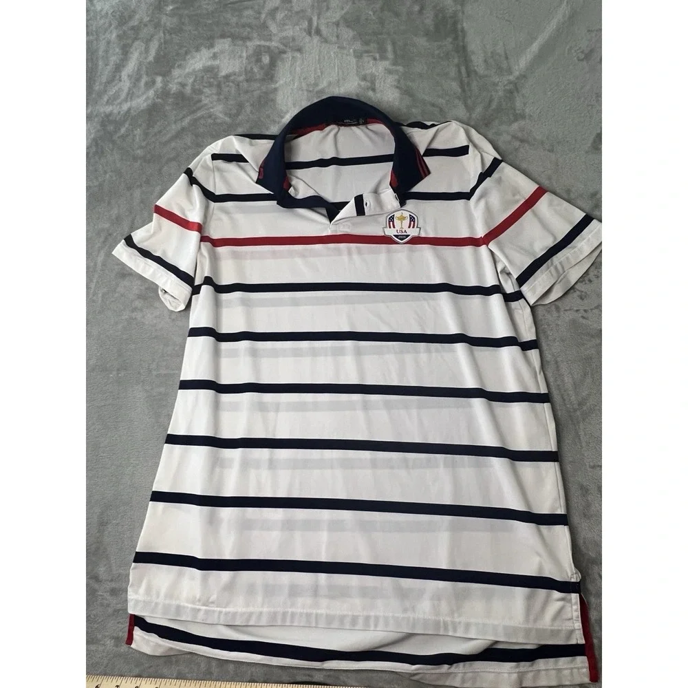 RLX Ralph Lauren Mens Shirt Size L White Blue Striped USA Ryder Cup 2016
